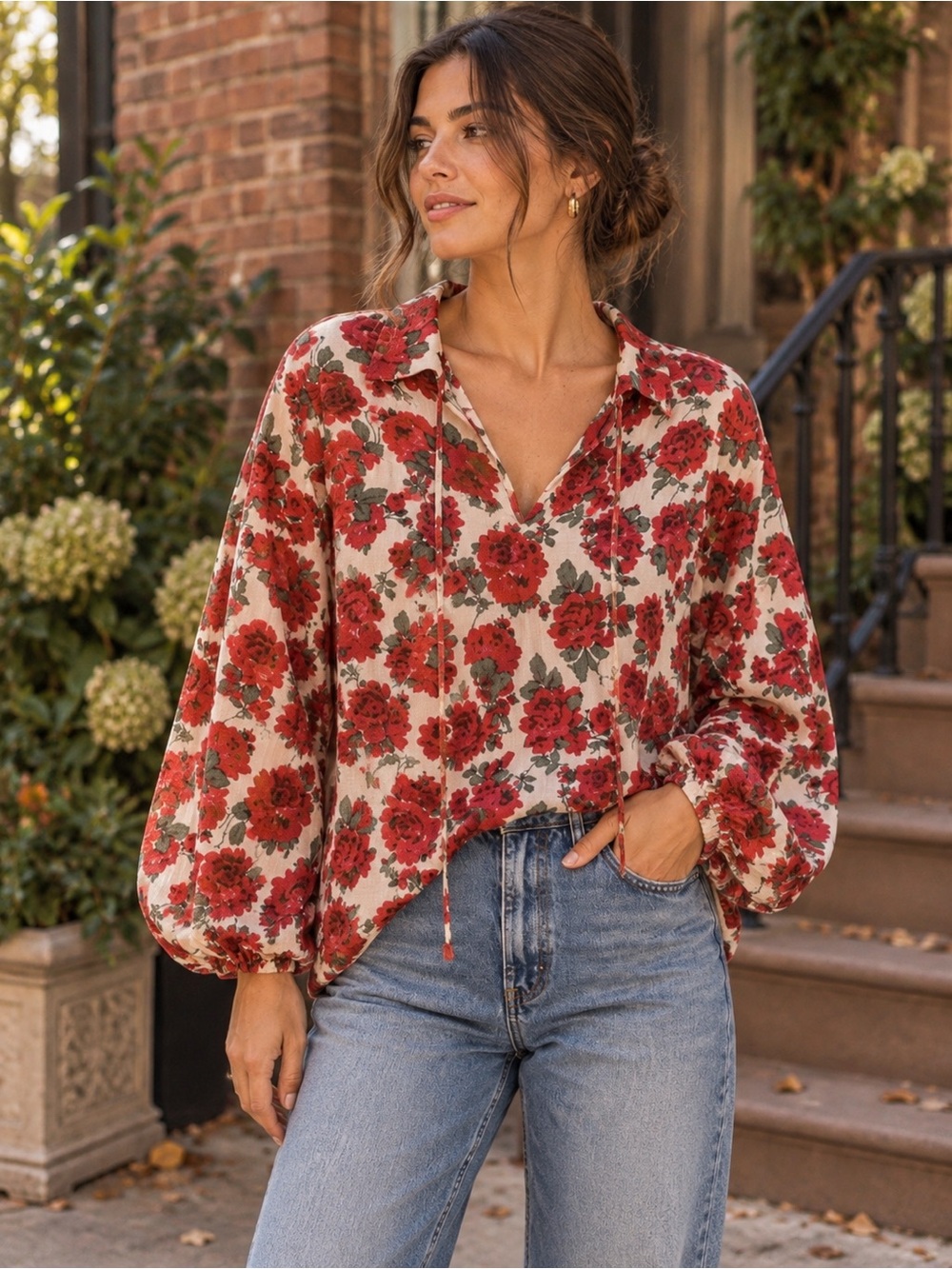 Jodifl Red Rose Floral Peasant Blouse Balloon Sleeve Boho Top M